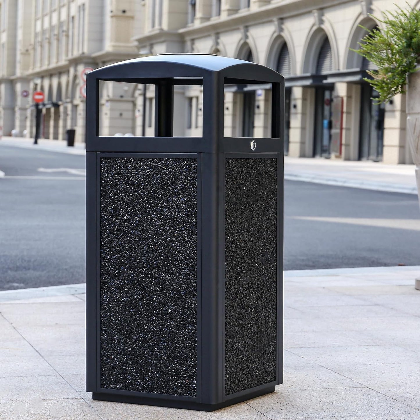 Outdoor Trash Can with Lid – Sturdy Stone-Finish Metal Garbage Bin, Weatherproof, Removable Liner for Parks & Public Spaces