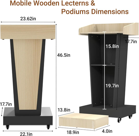 Wooden Mobile Podium Stand with Wheels - 46.5"H White & Black Conference Lectern with Dual Storage and Footrest - CrazyAnt