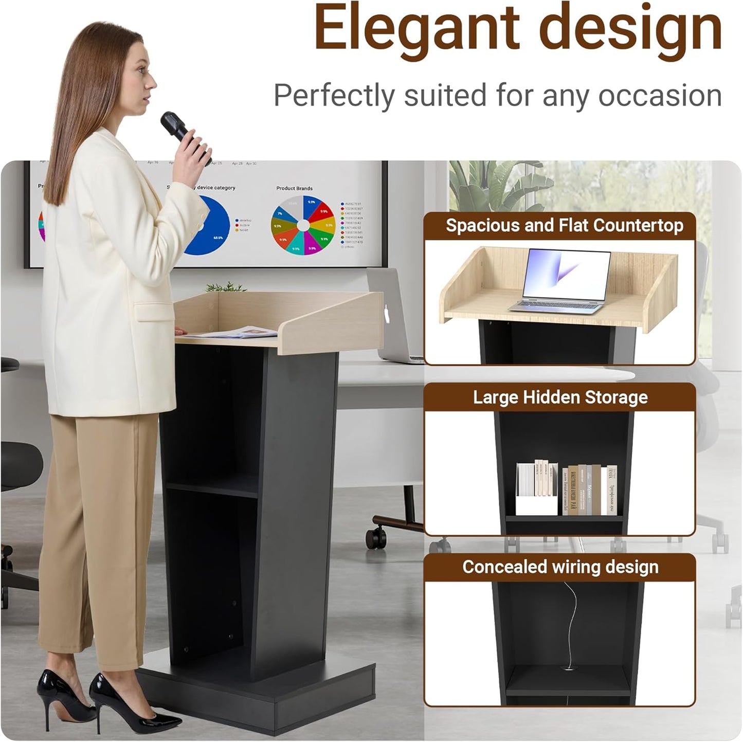 Wooden Mobile Podium Stand with Wheels - 46.5"H White & Black Conference Lectern with Dual Storage and Footrest - CrazyAnt