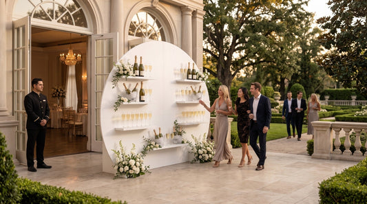 Outdoor champagne wall at a luxury hotel wedding venue with guests arriving on a covered terrace