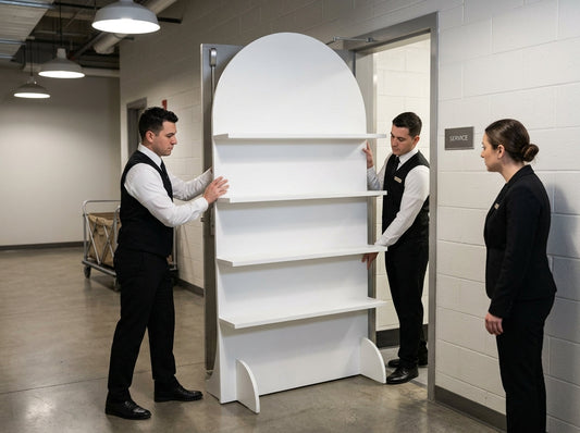Hotel staff carefully moving a wooden champagne wall through a service doorway