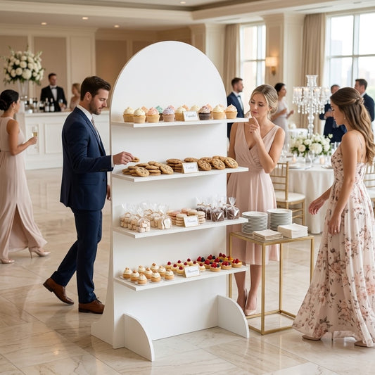 White arched dessert display with cupcakes, cookies, pastries, and packaged sweets at an elegant hotel wedding reception