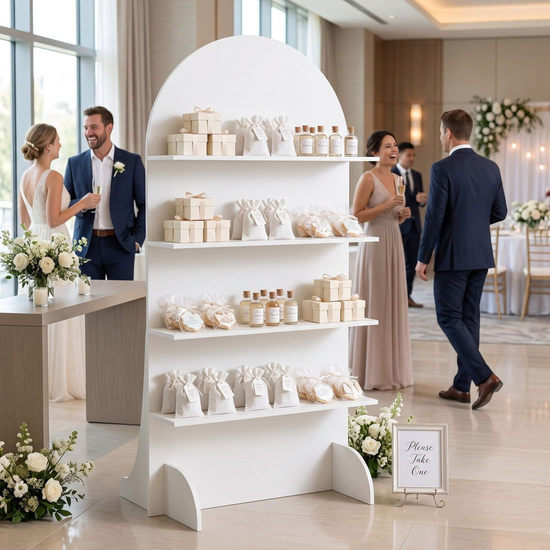 White arched wedding favor display with gift boxes at an elegant hotel wedding reception