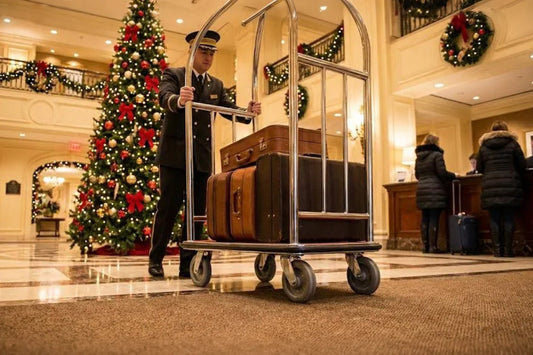 Professional bellman in uniform pushing a chrome hotel luggage cart loaded with vintage suitcases through Christmas-decorated hotel lobby with festive tree and wreaths.