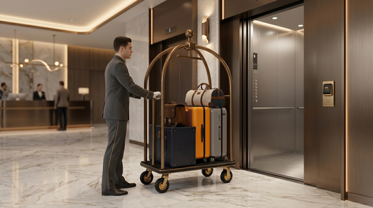 bellman cart positioned near hotel elevator entrance showing proper size and clearance
