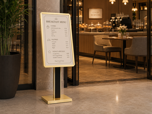 Menu display stand placed near a hotel restaurant entrance to guide guests before dining