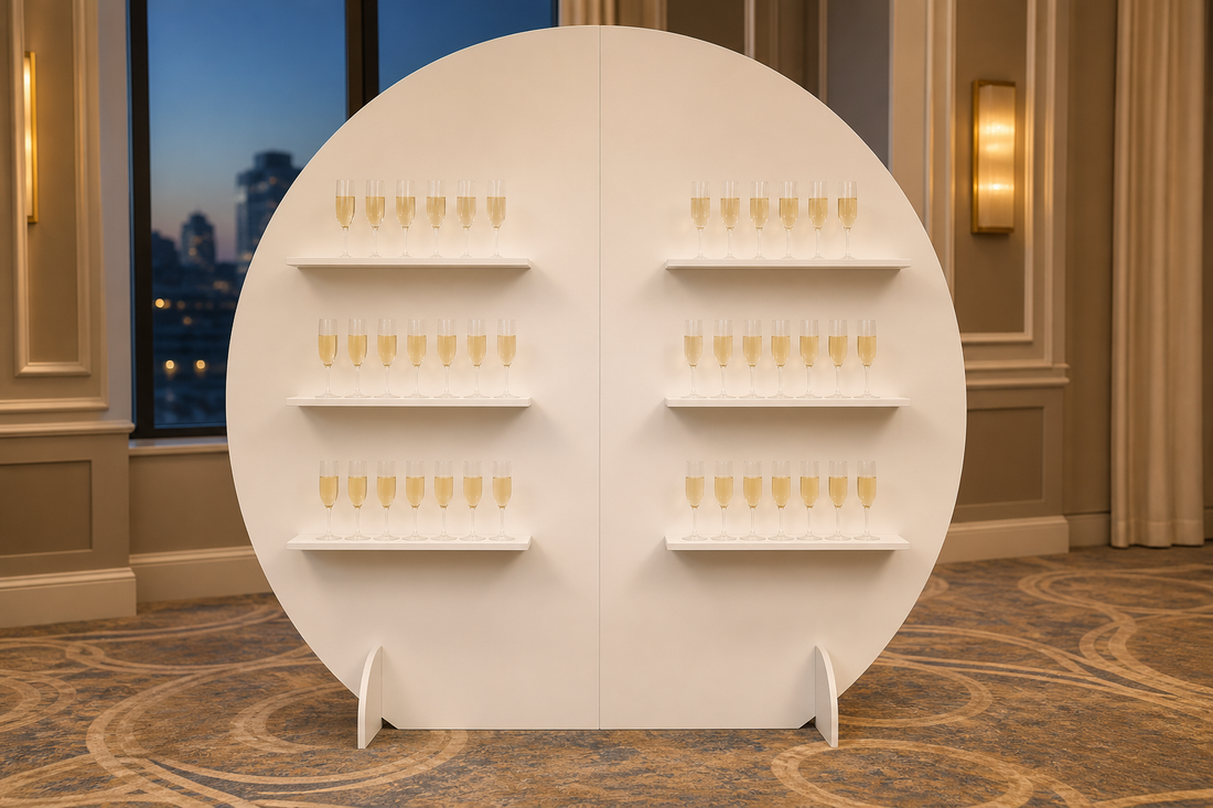 White six-shelf champagne wall with controlled warm lighting in an evening hotel ballroom