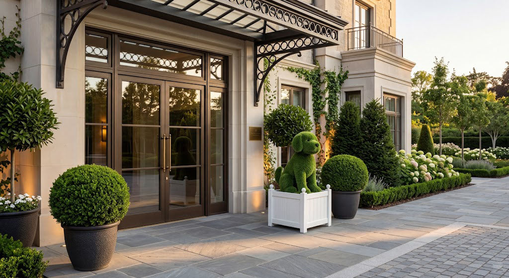 grass dog topiary for hotels at a premium hotel entrance with matching white wooden planter box