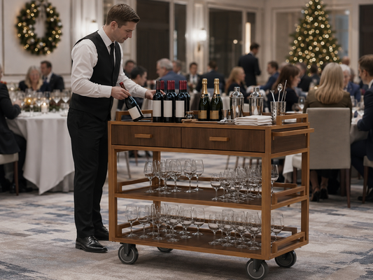 Open shelf wine cart used as a flexible wine service station during a busy holiday dinner in an upscale hotel restaurant
