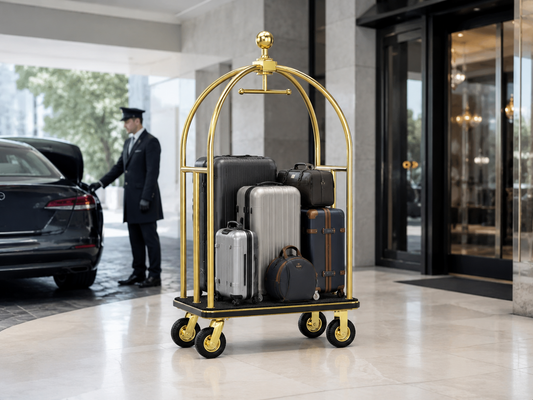 Gold hotel bellman cart supporting curbside luggage service at a luxury hotel entrance