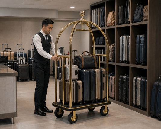 Hotel bellman cart moving organized guest luggage into a clean hotel luggage room
