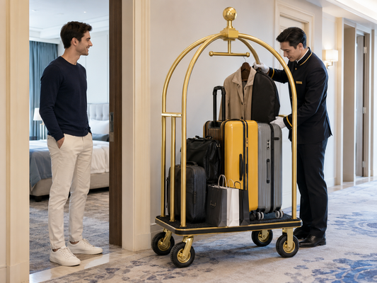 Hotel bellman cart loaded with guest luggage outside a hotel room during room service