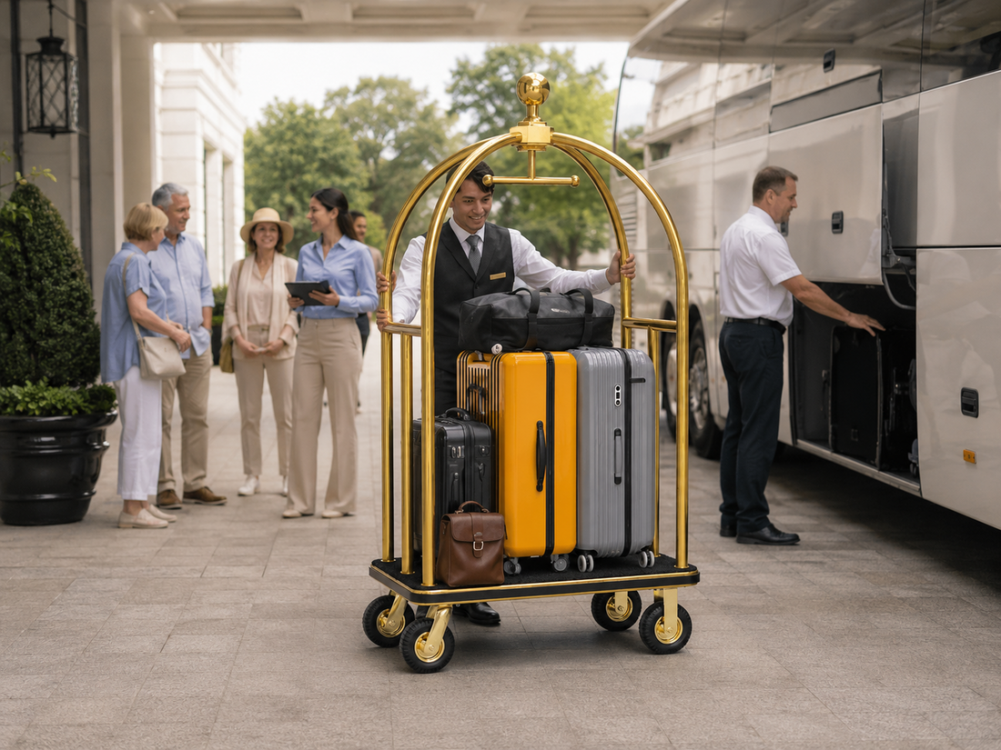 Hotel bellman cart carrying organized tour bus luggage at a hotel entrance