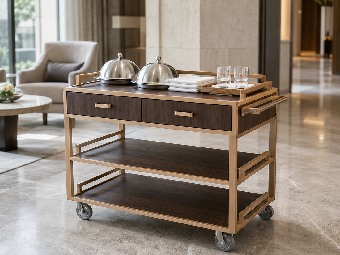 Wooden late-night room service cart with covered dishes and glassware in a bright luxury hotel lounge