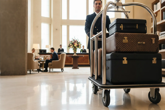  Professional bellhop in formal attire standing behind a polished luggage cart loaded with high-end designer suitcases in an upscale hotel lobby with guests visible in the background