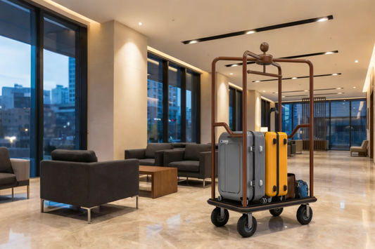 Sleek rectangular bellman cart with bronze metal frame loaded with modern hard-shell suitcases in a contemporary hotel lobby featuring floor-to-ceiling windows, minimalist furniture, and polished floors - showcasing modern hotel luggage cart design