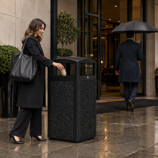 Outdoor metal trash can near a hotel entrance, helping guests dispose of waste quickly without slowing down