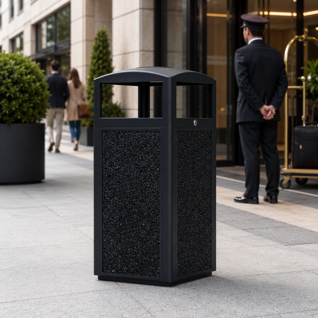 Lockable outdoor metal trash can placed near a modern hotel entrance, showing a clean and controlled public waste solution