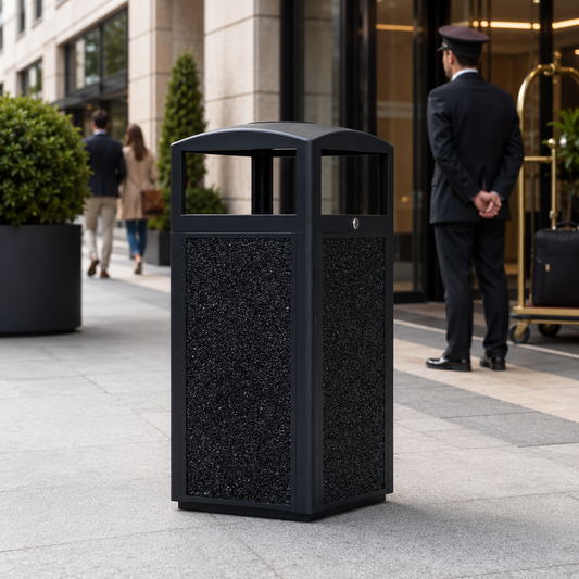 Lockable outdoor metal trash can placed near a modern hotel entrance, showing a clean and controlled public waste solution