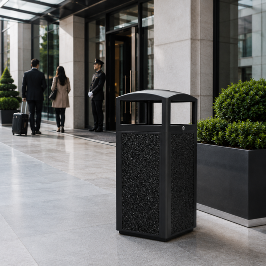 Outdoor trash can placed at a clean luxury hotel entrance to control guest arrival waste