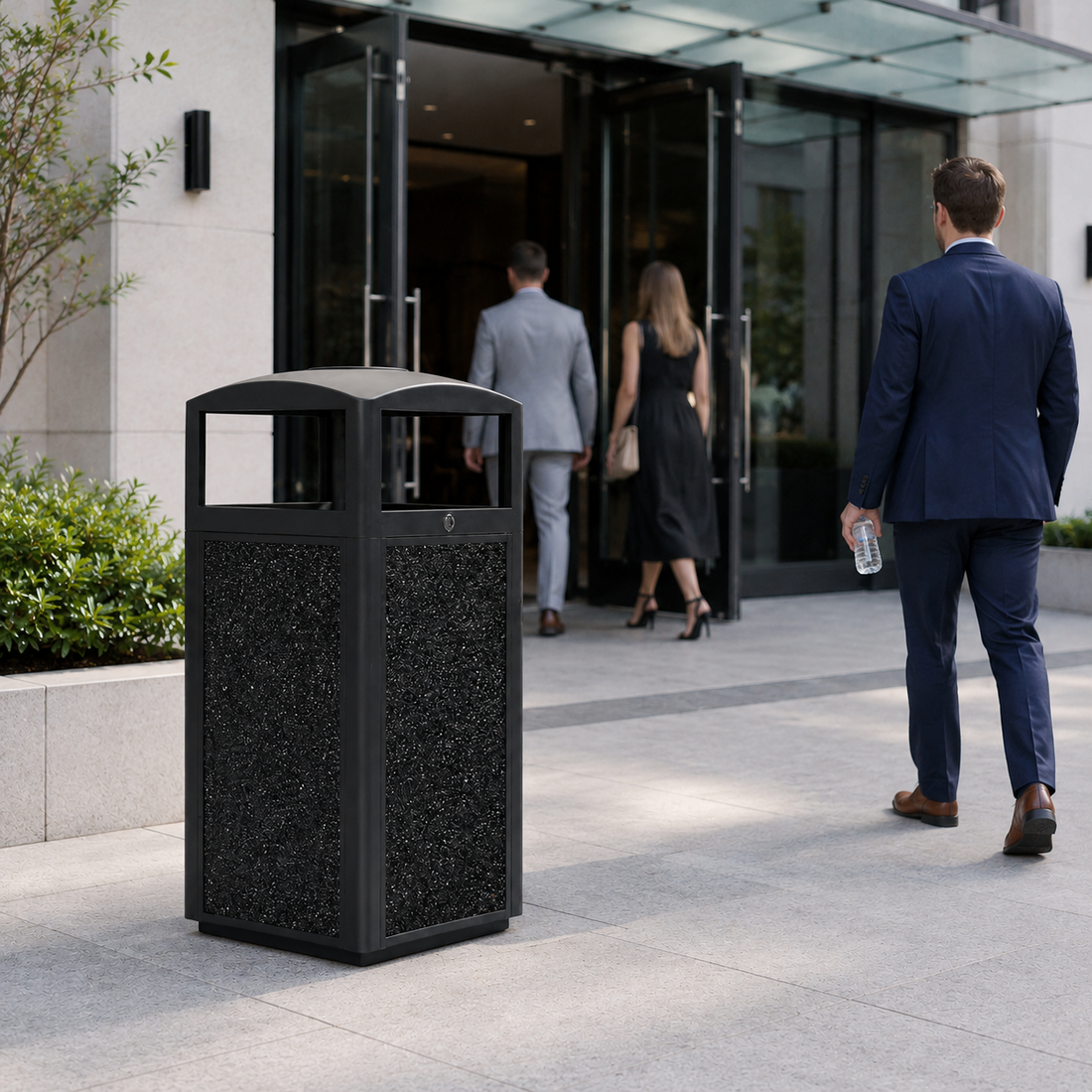 Outdoor trash can placed near a luxury hotel event exit to control guest waste