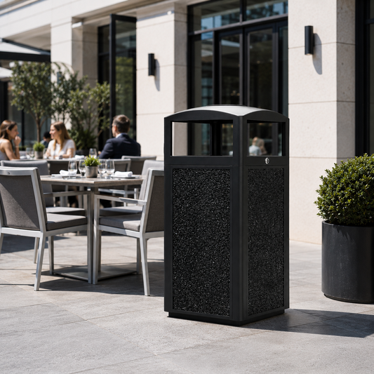 Outdoor trash can placed in a clean luxury hotel patio dining area