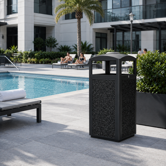 Outdoor trash can placed beside a clean luxury hotel poolside lounge area