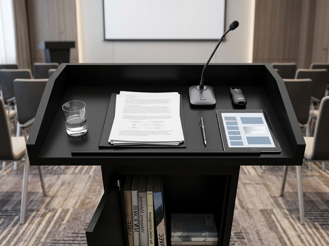 Black podium reading surface with papers, microphone, tablet, remote, pen, and water glass arranged in safe zones for hotel presentations