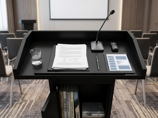 Black podium reading surface with papers, microphone, tablet, remote, pen, and water glass arranged in safe zones for hotel presentations