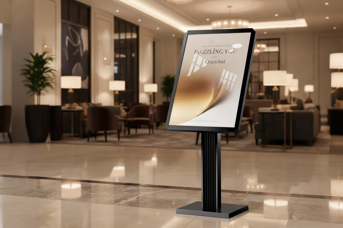 Premium black aluminum menu display stand in upscale hotel lobby with marble floors - 2025 US hotel signage standard for restaurants
