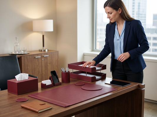 PVC Leather Desk Set being inspected in a hotel office for surface quality, accessory completeness, and commercial use