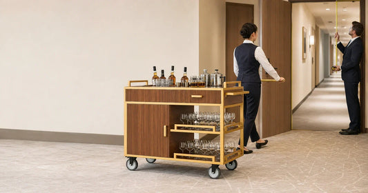 Service cart dimensions being checked at a hotel corridor doorway before procurement
