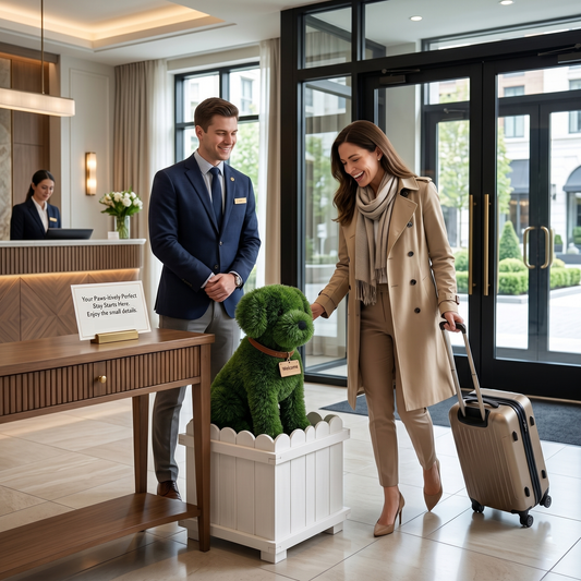Topiary dog in a hotel lobby entrance creating a warm and friendly guest welcome experience
