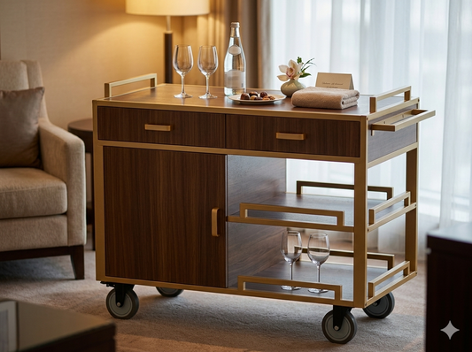 VIP suite welcome cart arranged with bottled water, glasses, towels, flowers, and premium snacks inside a luxury hotel suite