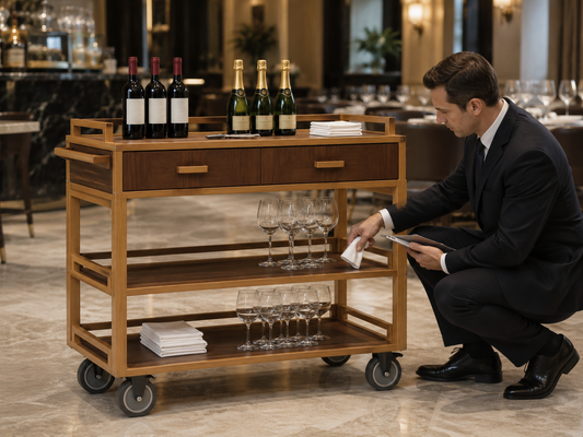 Hotel manager inspecting the finish durability of an open shelf wine cart in an upscale restaurant service area