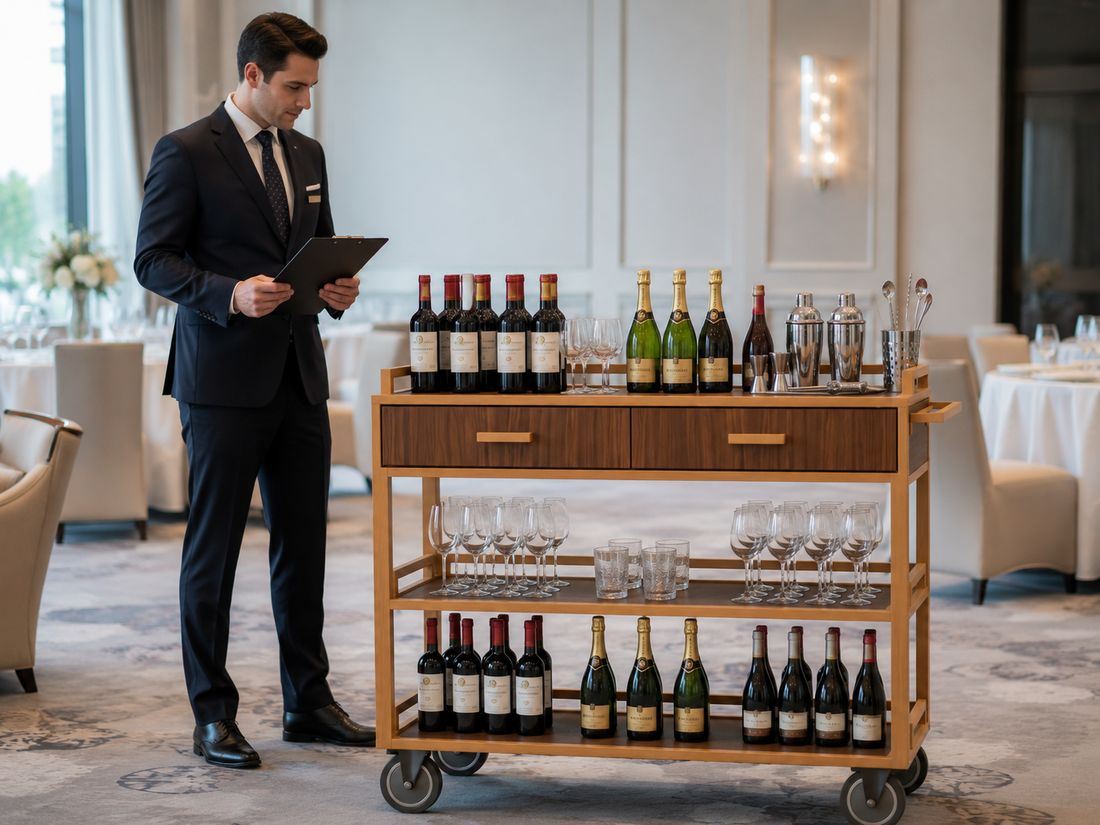 Hotel manager inspecting load balance on an open shelf wine cart before restaurant service