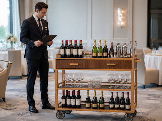 Hotel manager inspecting load balance on an open shelf wine cart before restaurant service