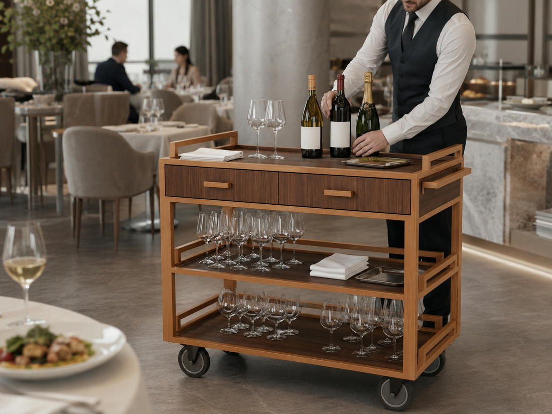 Open shelf wine cart used for menu-pairing wine service in an upscale hotel restaurant