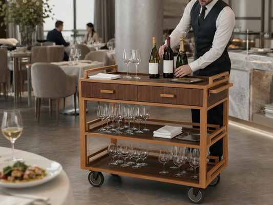 Open shelf wine cart used for menu-pairing wine service in an upscale hotel restaurant