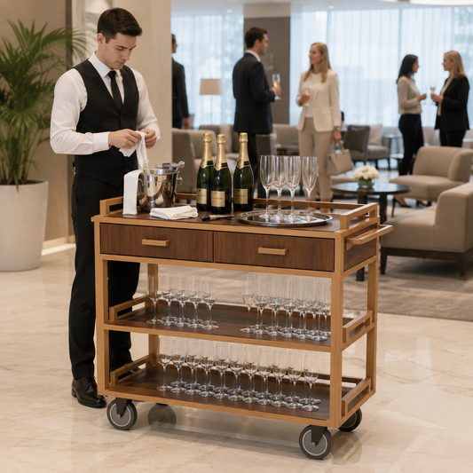 Open shelf wine cart prepared for champagne toast service in an upscale hotel reception area