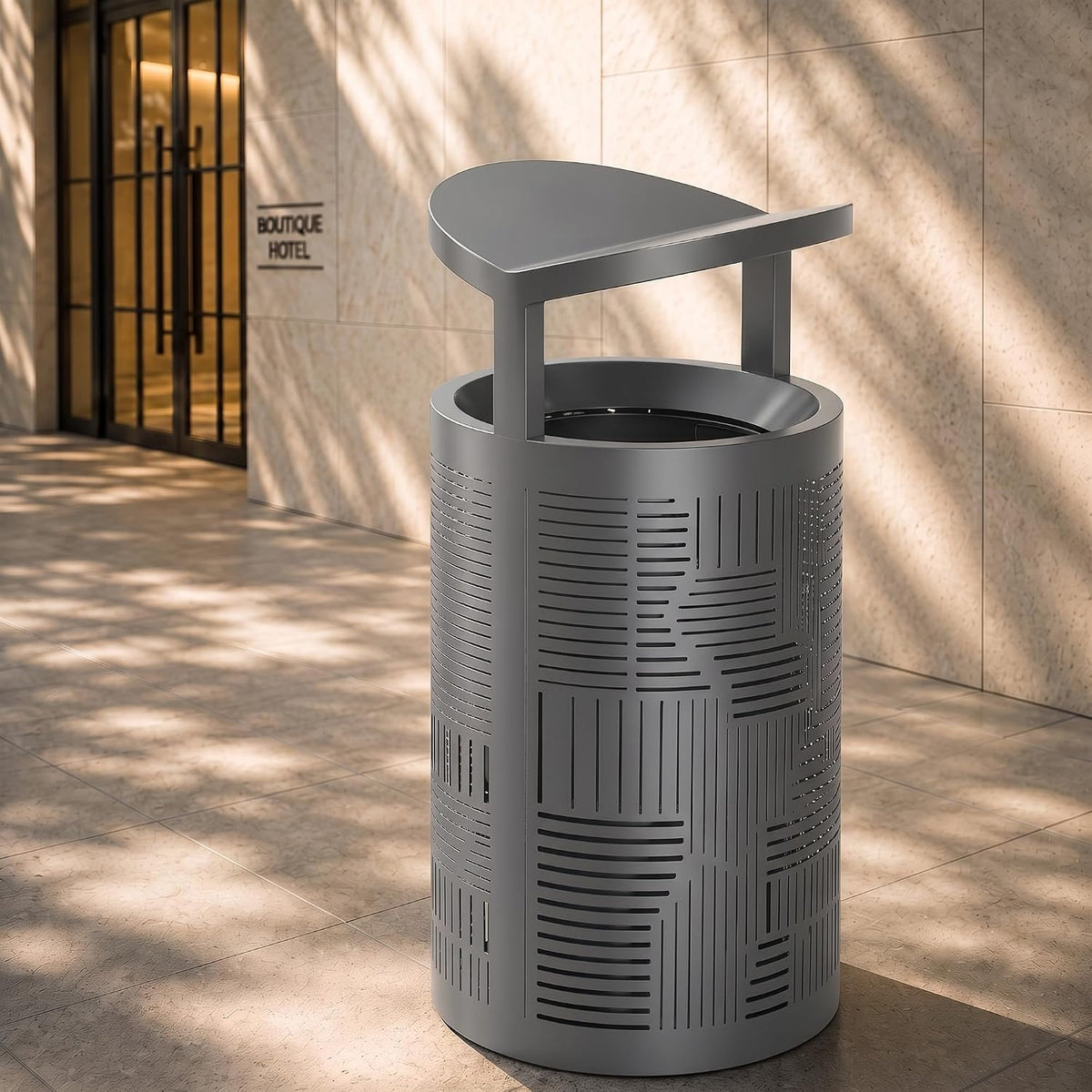 11 Gallon Outdoor Commercial Trash Can with Rain Cover – Striped Metal Waste Bin - CrazyAnt