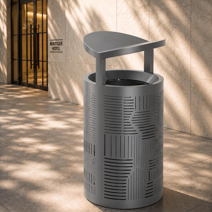11 Gallon Outdoor Commercial Trash Can with Rain Cover – Striped Metal Waste Bin - CrazyAnt
