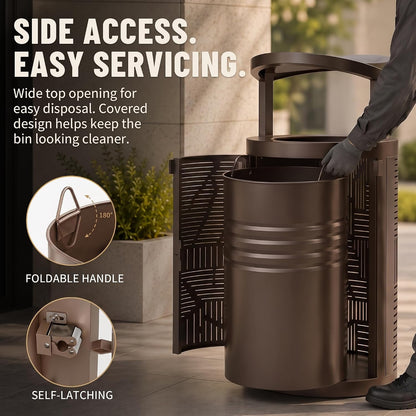 11 Gallon Outdoor Commercial Trash Can with Rain Cover – Striped Metal Waste Bin - CrazyAnt