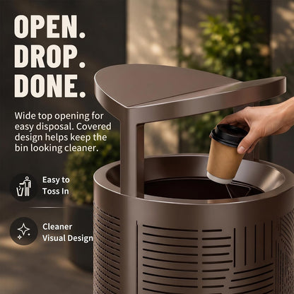 11 Gallon Outdoor Commercial Trash Can with Rain Cover – Striped Metal Waste Bin - CrazyAnt