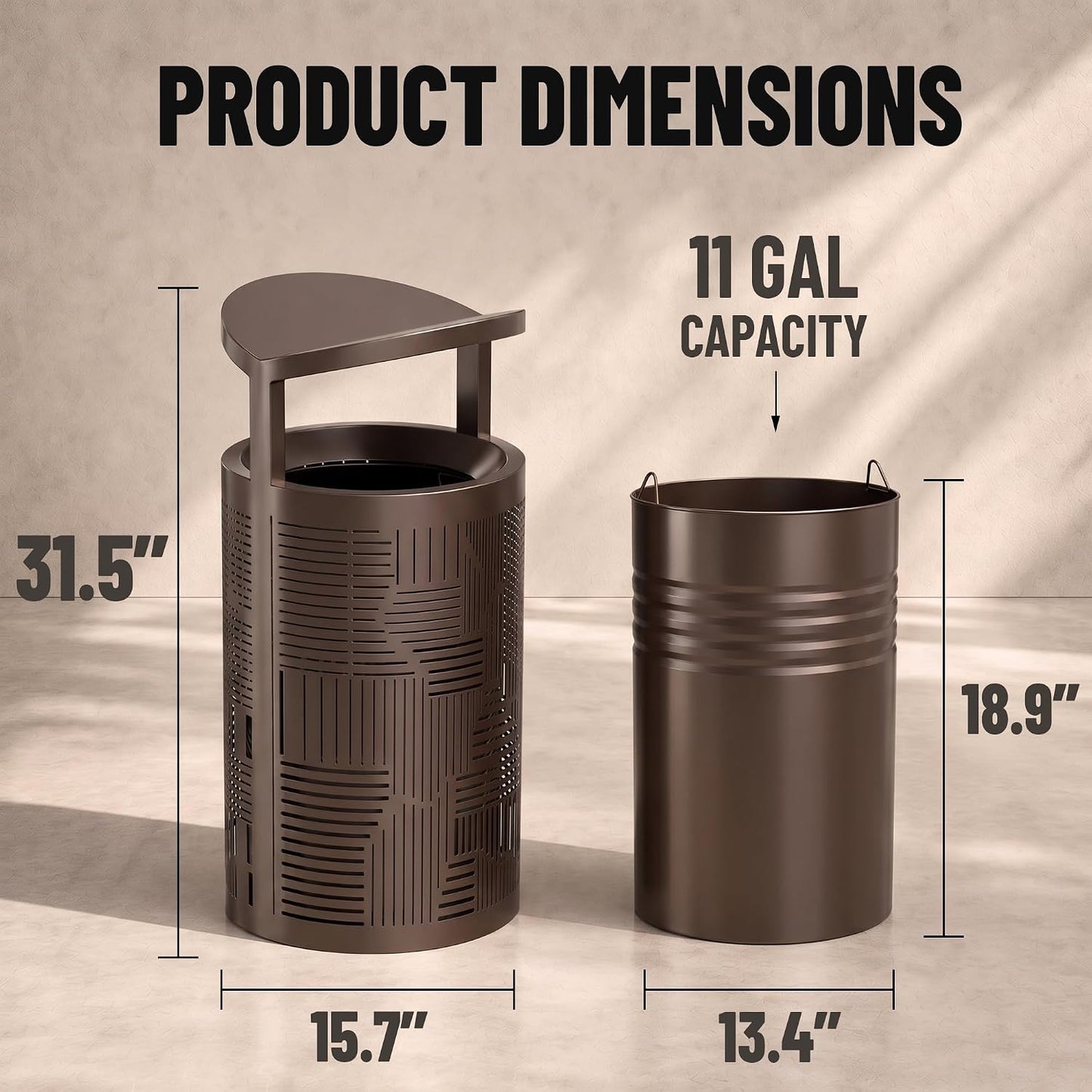 11 Gallon Outdoor Commercial Trash Can with Rain Cover – Striped Metal Waste Bin - CrazyAnt