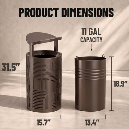 11 Gallon Outdoor Commercial Trash Can with Rain Cover – Striped Metal Waste Bin - CrazyAnt