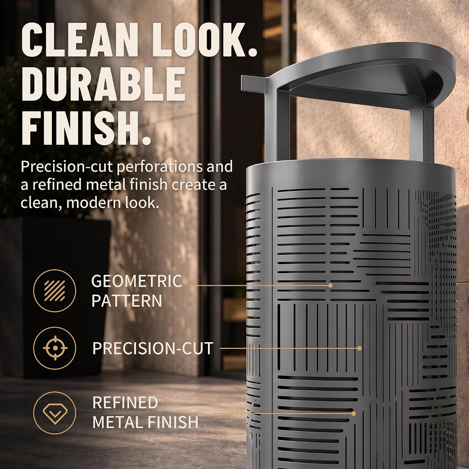 11 Gallon Outdoor Commercial Trash Can with Rain Cover – Striped Metal Waste Bin - CrazyAnt