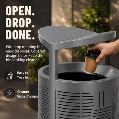11 Gallon Outdoor Commercial Trash Can with Rain Cover – Striped Metal Waste Bin - CrazyAnt