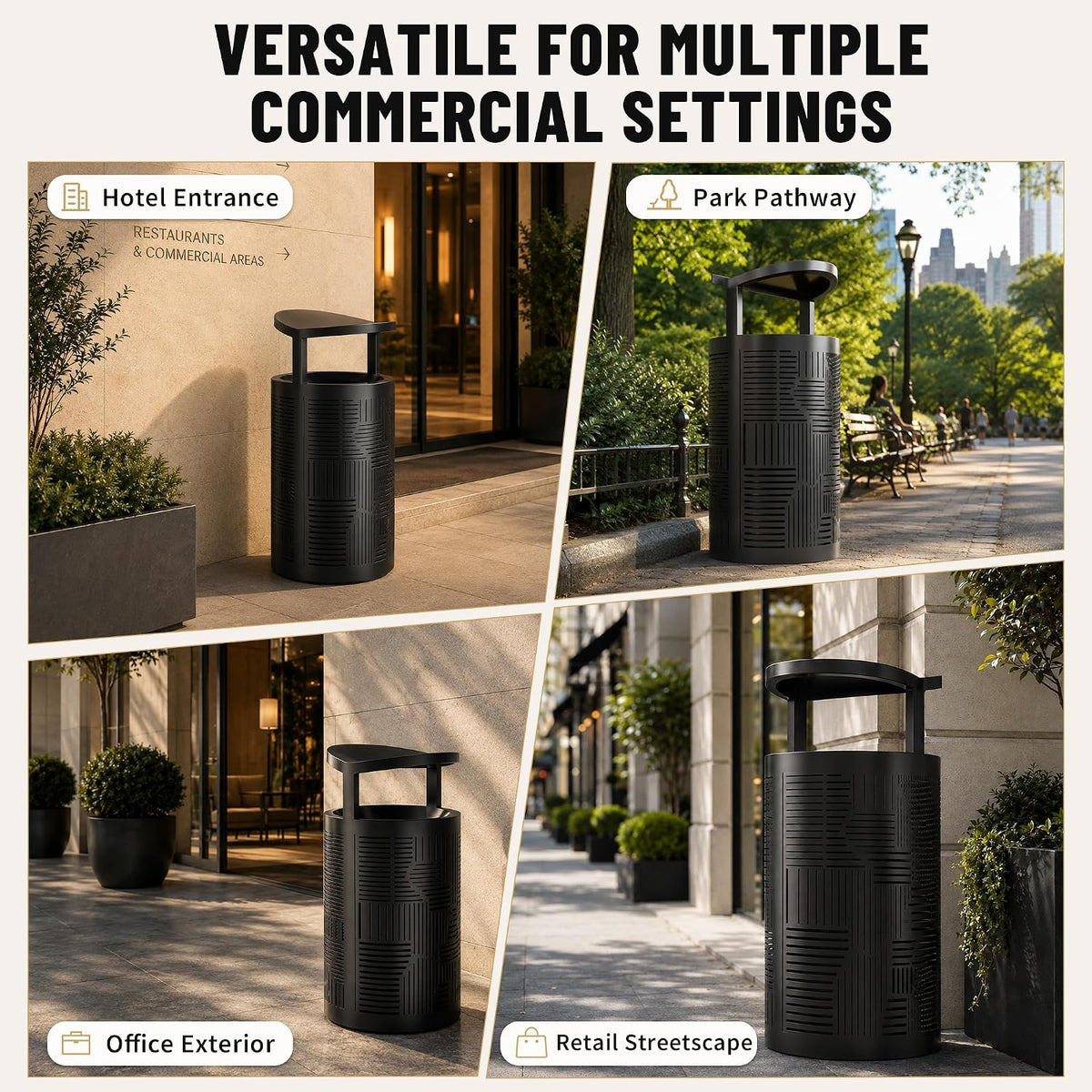 11 Gallon Outdoor Commercial Trash Can with Rain Cover – Striped Metal Waste Bin - CrazyAnt