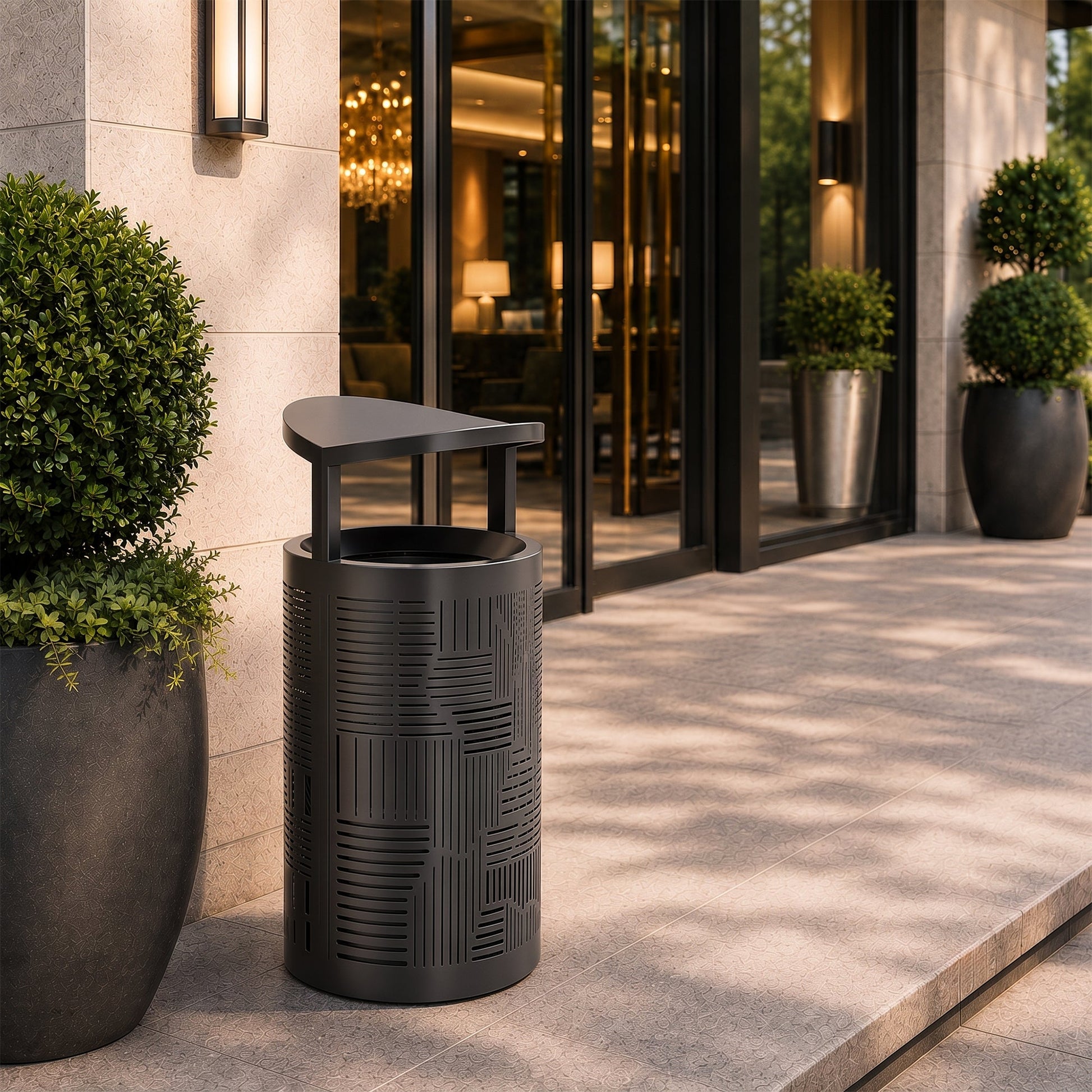 11 Gallon Outdoor Commercial Trash Can with Rain Cover – Striped Metal Waste Bin - CrazyAnt